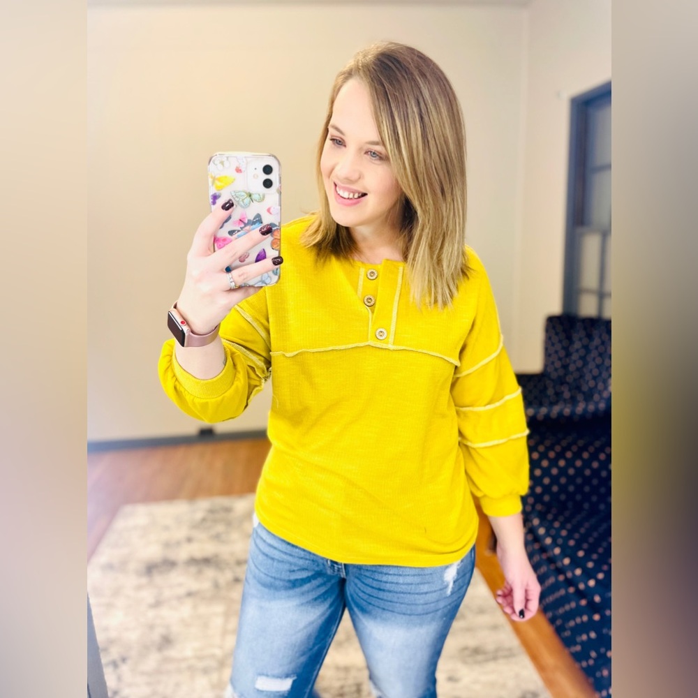 Mustard Two Tone Thermal Bubble Sleeve Button Top